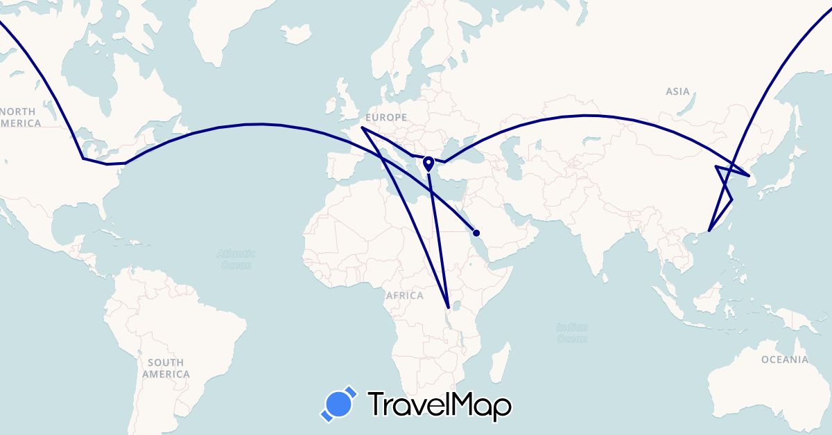 TravelMap itinerary: driving in China, France, Greece, Croatia, South Korea, Montenegro, Rwanda, Saudi Arabia, Turkey, United States (Africa, Asia, Europe, North America)